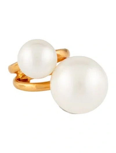 Pre-owned Kenneth Jay Lane Faux Pearl Double Ball Cocktail Ring In White