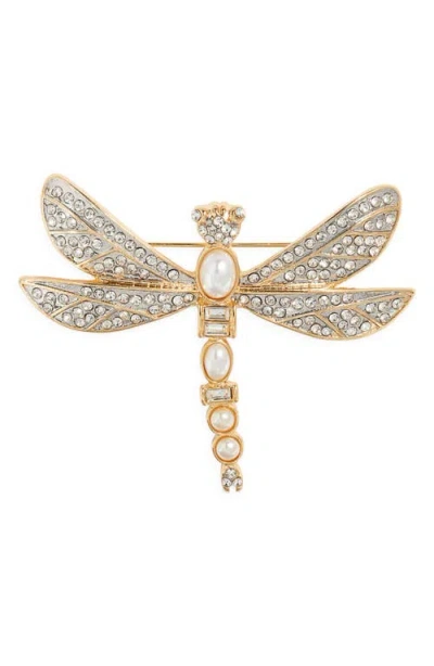 Kenneth Jay Lane Faux Pearl Dragonfly Pin In Gold