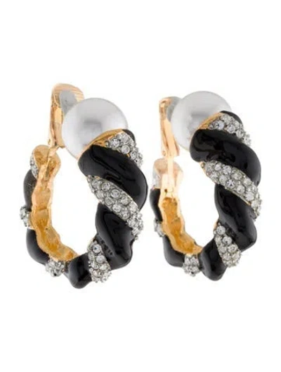Pre-owned Kenneth Jay Lane Faux Pearl, Enamel & Crystal Rope Clip-on Hoop Earrings In Multi
