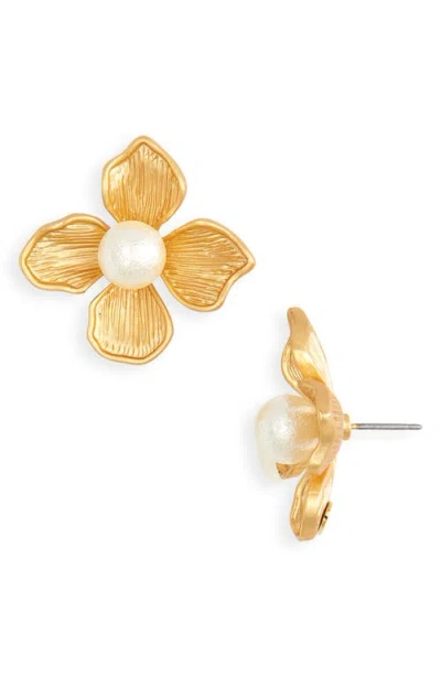 Kenneth Jay Lane Faux Pearl Flower Drop Earrings In Gold