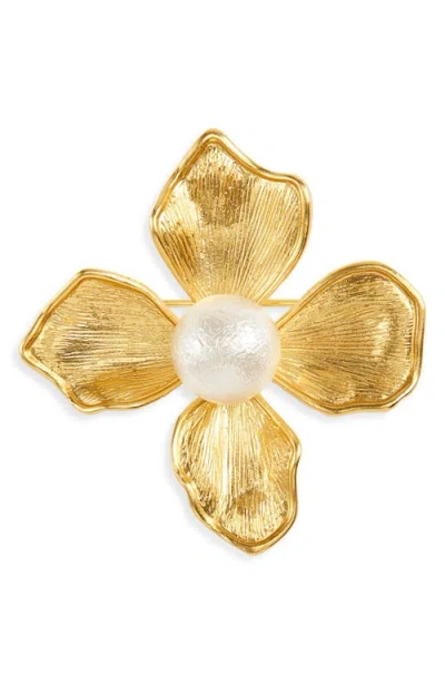 Kenneth Jay Lane Faux Pearl Flower Pin In Gold