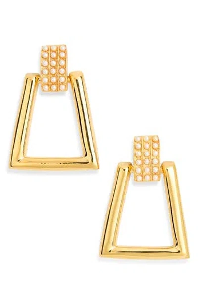 Kenneth Jay Lane Faux Pearl Geometric Doorknocker Drop Earrings In Gold