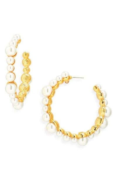 Kenneth Jay Lane Faux Pearl Hoop Earrings In Gold