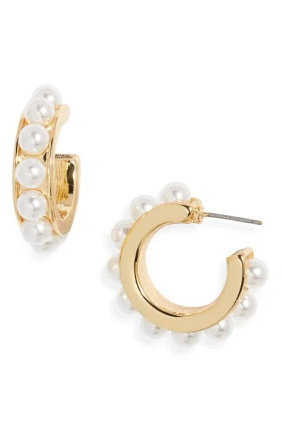 Kenneth Jay Lane Faux Pearl Hoop Earrings In Gold