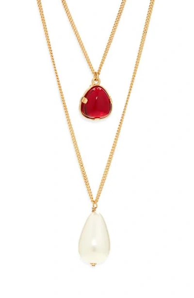 Kenneth Jay Lane Faux Pearl Pendant Layered Necklace In Gold