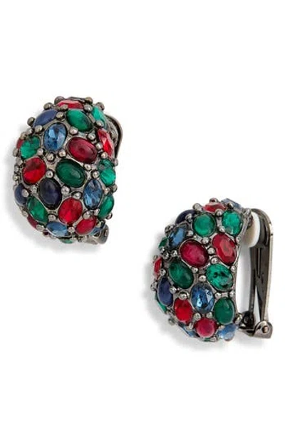 Kenneth Jay Lane Faux Ruby Emerald Sapphire Clip-on Earrings In Gun Metal