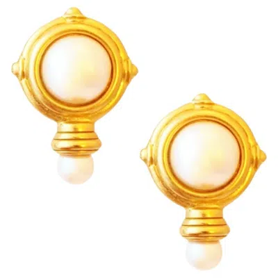 Pre-owned Kenneth Jay Lane Gold Bezel Pearl Drop Earrings By , 1990s In Multi