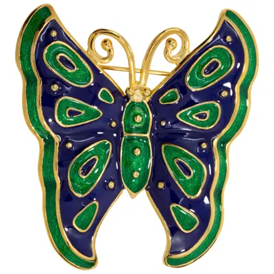 Pre-owned Kenneth Jay Lane Gold Butterfly Pin Brooch, Green And Blue Enamel
