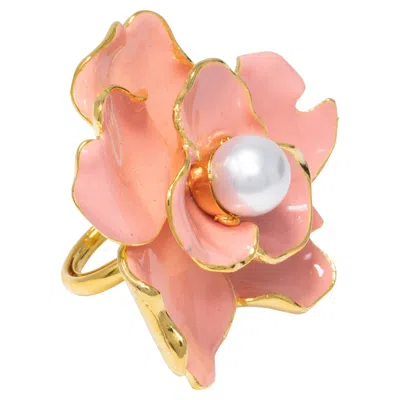 Pre-owned Kenneth Jay Lane Gold Flower Faux Pearl Cocktail Ring, Salmon Coral Enamel, Kjl In Red