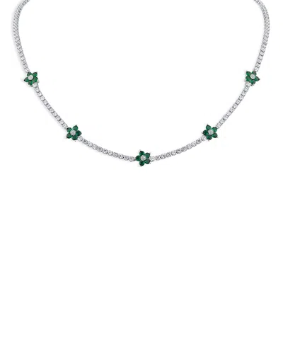 Kenneth Jay Lane Green & White Cubic Zirconia Flower Station Necklace, 16-19 In Metallic