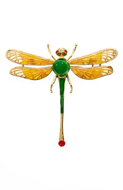 Kenneth Jay Lane Green Dragonfly Pin In Gold