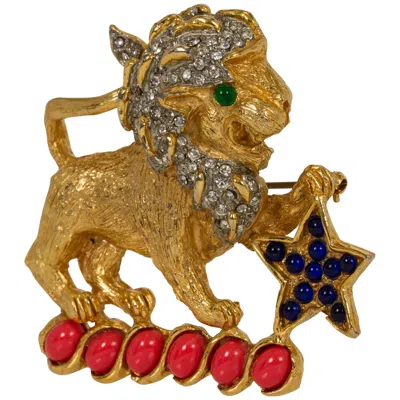 Pre-owned Kenneth Jay Lane Iconic 1960's  Gold Coral Lion Pin In Red