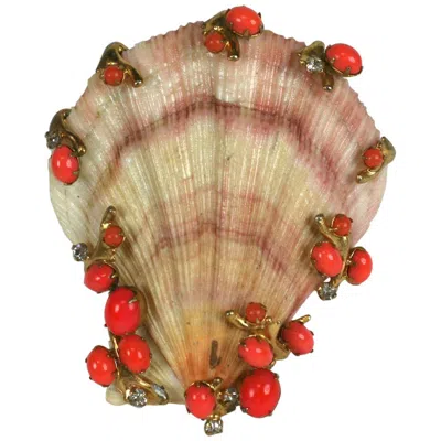 Pre-owned Kenneth Jay Lane Jeweled Shell Brooch In Brown