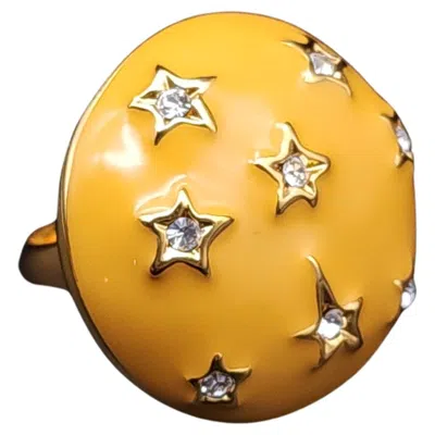 Pre-owned Kenneth Jay Lane Kenneth J Lane Kjl Yellow Star Cocktail Ring, Enamel & Crystals Gold Tone Sz 4-8