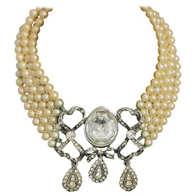 Pre-owned Kenneth Jay Lane Kenneth Lane Pearl And Rhinestone Necklace In Sand