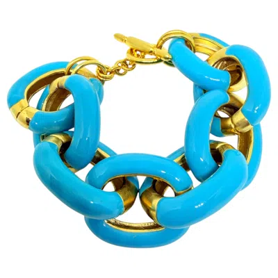 Pre-owned Kenneth Jay Lane Kenneth Lane Signed Vintage Gold Tone Blue Enamel Link Chain Designer Bracelet