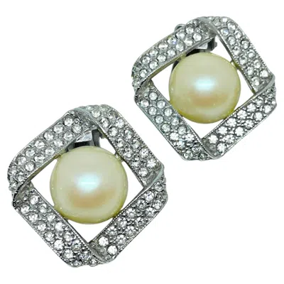 Pre-owned Kenneth Jay Lane Kenneth Lane Vintage Silver Tone Rhinestones Pearl Designer Clip On Earrings In Multi