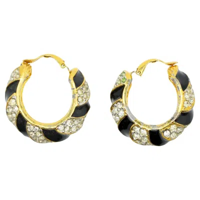 Pre-owned Kenneth Jay Lane Kjl Black Enamel Rhinestone Hoop Earrings