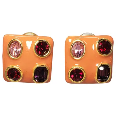 Pre-owned Kenneth Jay Lane Kjl Coral Enamel Bezel Ruby Crystal Square Clip On Earrings In Red