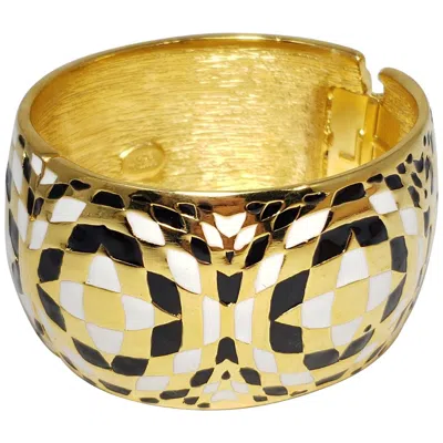 Pre-owned Kenneth Jay Lane Kjl Geometric White And Black Enamel Bangle Bracelet In Gold