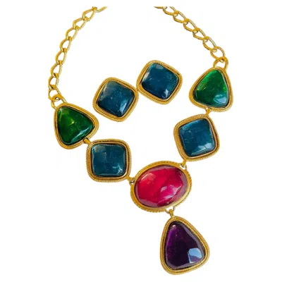 Pre-owned Kenneth Jay Lane Kjl Gold Gripoix Emerald Sapphire Ruby Cabochons Statement Set In Green