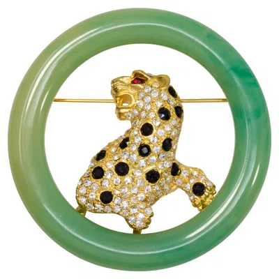 Pre-owned Kenneth Jay Lane Kjl  Art Deco Faux Jade Jeweled Leopard Cat Pin Brooch, Modern In Green