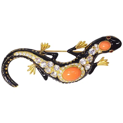 Pre-owned Kenneth Jay Lane Kjl  Cabochon Crystal And Black Enamel Salamander In Gold