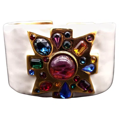 Pre-owned Kenneth Jay Lane Kjl  Crystal Maltese Cross, White Enamel Hinged Cuff Bracelet