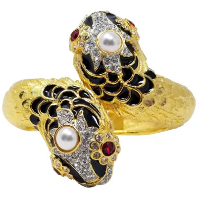 Pre-owned Kenneth Jay Lane Kjl  Double Sea Serpent Crystal Enamel Faux Pearl Gold Bracelet