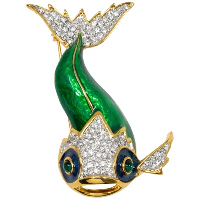 Pre-owned Kenneth Jay Lane Kjl  Embellished Koi Fish Brooch, Yellow Gold, Crystals & Enamel