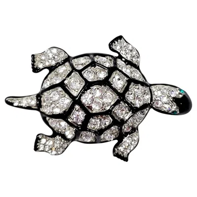 Pre-owned Kenneth Jay Lane Kjl  Embellished Pave Crystal Turtle Silver Brooch, Black Enamel