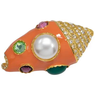 Pre-owned Kenneth Jay Lane Kjl  Faux Pearl Embellished Shell Brooch Pin In Gold