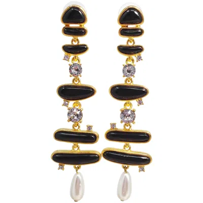 Pre-owned Kenneth Jay Lane Kjl  Glass Crystal Pearl Enamel Abstract Link Dangling Earrings In Brown