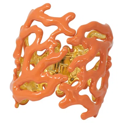 Pre-owned Kenneth Jay Lane Kjl  Gold Coral Branch Enamel Soft Orange Cuff Bracelet In Red