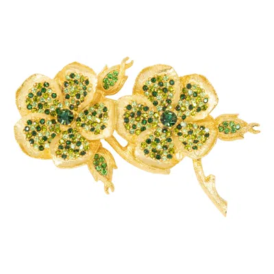 Pre-owned Kenneth Jay Lane Kjl  Gold Double Flower Pin Brooch, Green Crystal Stones, Modern