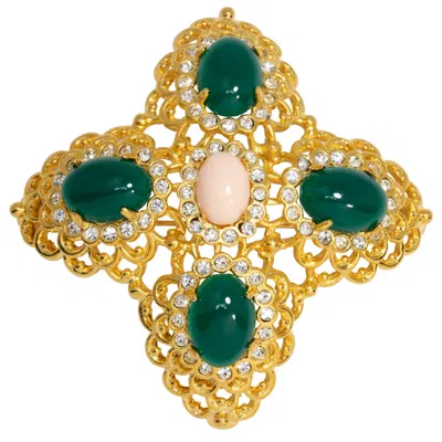 Pre-owned Kenneth Jay Lane Kjl  Gold Filigree, Green Cabochon And Crystal Pin Brooch