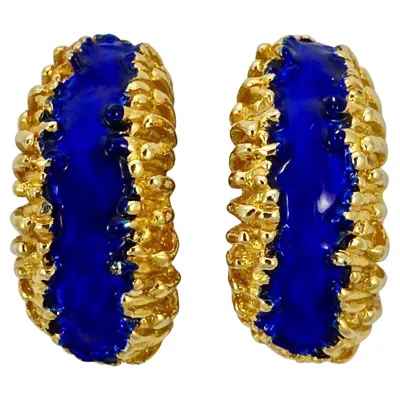 Pre-owned Kenneth Jay Lane Kjl  Gold Plated And Cobalt Blue Enamel Clip On Earrings