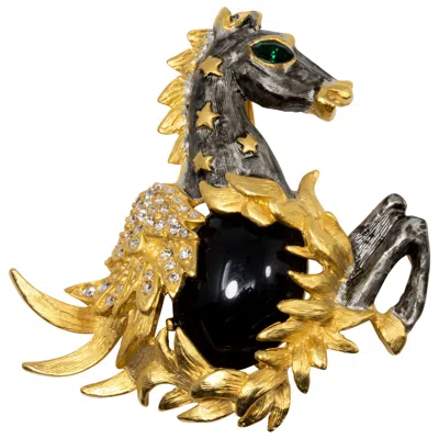 Pre-owned Kenneth Jay Lane Kjl  Pegasus Brooch, Pin In Gold Black And Gray