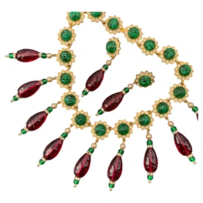 Pre-owned Kenneth Jay Lane Kjl  Statement Bib Necklace And Clip-on Dangle Earrings Set In Multi