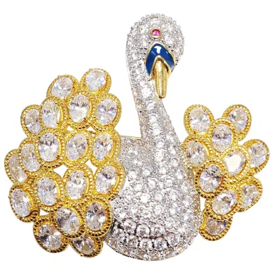 Pre-owned Kenneth Jay Lane Kjl  Swan Pave Cubic Zirconia & Enamel Pin Brooch In Gold