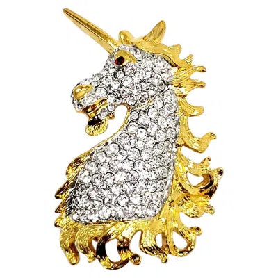 Pre-owned Kenneth Jay Lane Kjl  Unicorn Head Brooch In Gold, Pave Crystals In Sand