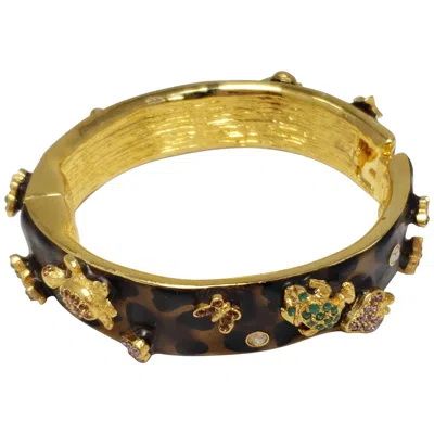 Pre-owned Kenneth Jay Lane Kjl Pave Crystal Raised Motif Bangle Bracelet Leopard Pattern In Brown