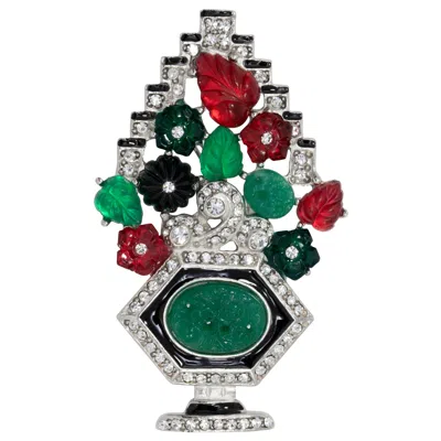 Pre-owned Kenneth Jay Lane Kjl Tutti Frutti Art Deco Fruit Pin Brooch With Clear Crystals, Rhodium In Multi