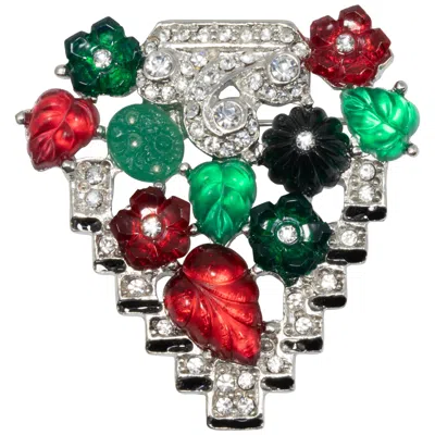 Pre-owned Kenneth Jay Lane Kjl Tutti Frutti Art Deco Fruit Pin Brooch With Clear Crystals, Rhodium Plated In Black