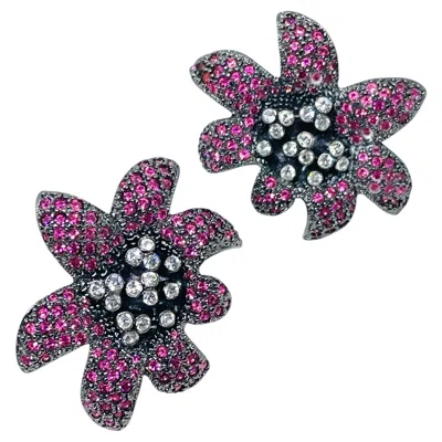 Pre-owned Kenneth Jay Lane Kjl Vintage Pink Rhinestones Flower Designer Clip On Earrings