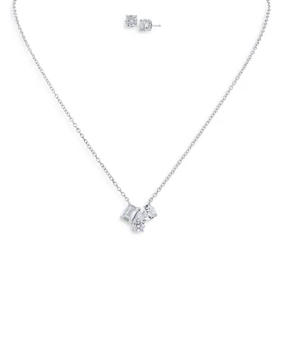 Kenneth Jay Lane Mixed Cut Cubic Zirconia Pendant Necklace & Stud Earrings Set In Rhodium Plated In Silver