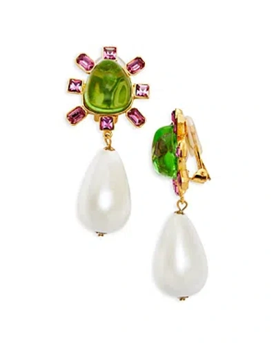 Kenneth Jay Lane Mixed Stone Imitation Pearl Drop Clip On Earrings In Green