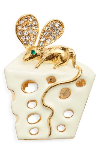 Kenneth Jay Lane Mouse & Cheese Pin In Gold