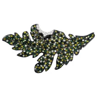 Pre-owned Kenneth Jay Lane Pave Green Crystal Leaf Pin Brooch, Gray Gunmetal, Kjl