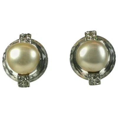 Pre-owned Kenneth Jay Lane Pearl And Crystal Ring Ear Clips In Brown